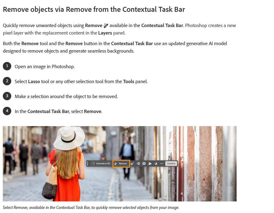Screenshot demonstrating Photoshop's AI-powered Remove tool to quickly eliminate unwanted objects in a busy street photo.