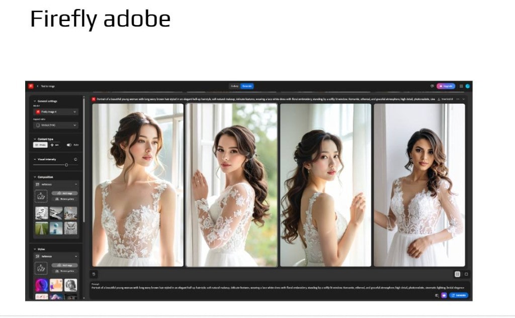 Adobe Firefly interface displaying four AI-generated bridal portraits for seamless compositing in Photoshop.