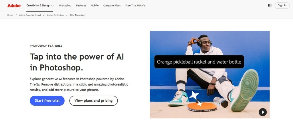 Screenshot of Adobe Photoshop features page showing a prompt box generating a pickleball racket and water bottle