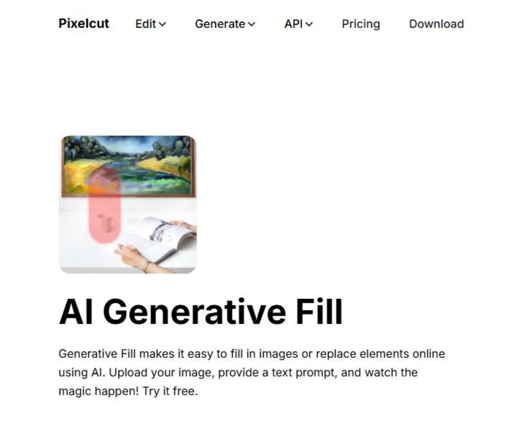 Pixelcut's AI Generative Fill interface showing a red mask over a desk to edit an image composite