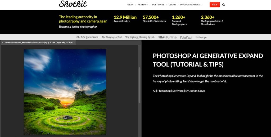 Shotkit tutorial screenshot showing Photoshop AI Generative Expand tool used on a lush green landscape phot