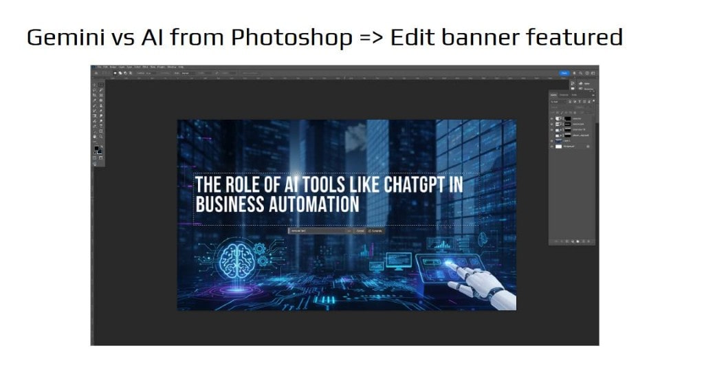 Photoshop UI showing Generative AI removing text from a blue tech banner for Pixel Commercial Studio's design workflow.