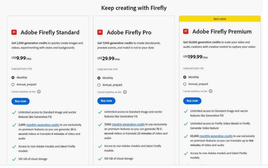 Comparison of Adobe Firefly Standard, Pro, and Premium plans showing monthly generative credit limits for AI image tools.