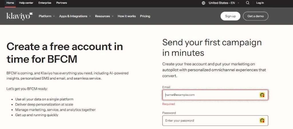 Klaviyo landing page: "Create a free account in time for BFCM," showing email signup.