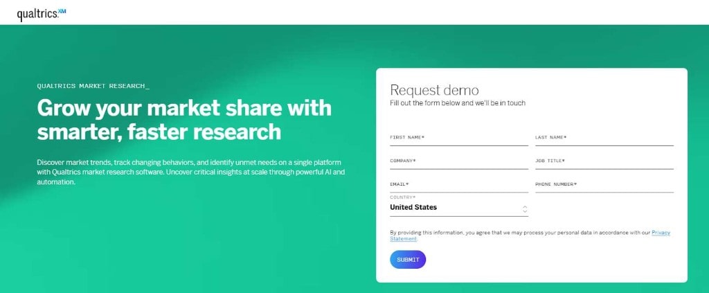 Screenshot of Qualtrics Market Research landing page. Headline says "Grow your market share with smarter, faster research."