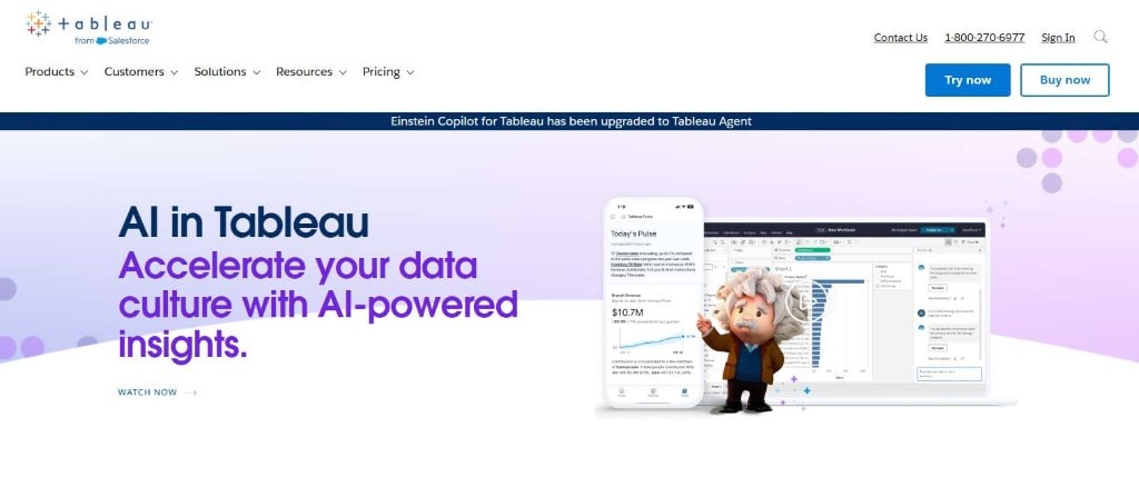 Tableau website screenshot: AI-powered insights for data culture, featuring mobile and laptop dashboards.