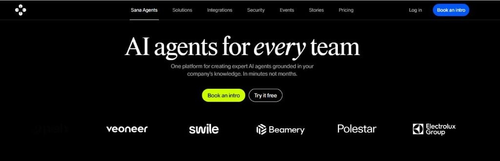 Homepage screenshot of Sana Agents' platform promoting
