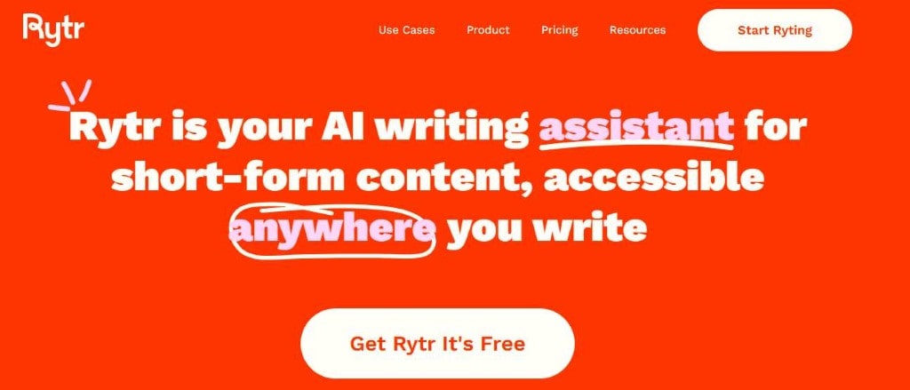 Rytr homepage screenshot: orange background, white text promoting AI assistant for short-form content.