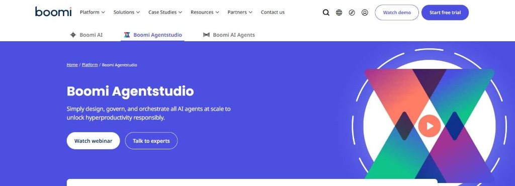 Screenshot of Boomi Agentstudio page on a blue background, detailing AI agent orchestration for productivity.