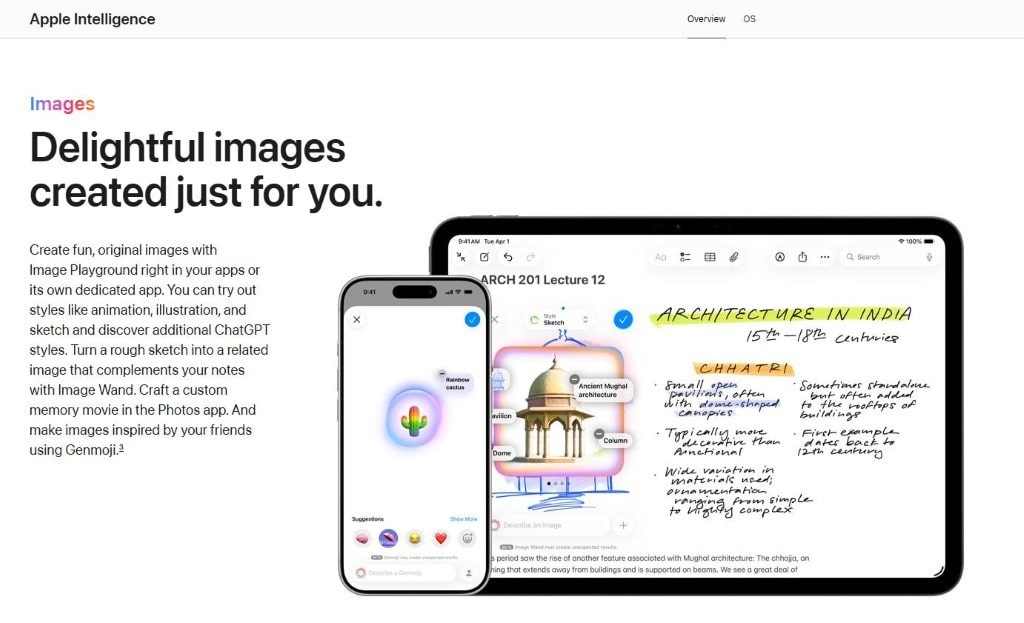Apple Intelligence preview showing generative AI tools for enhanced notes and original image creation on iPad and iPhone.