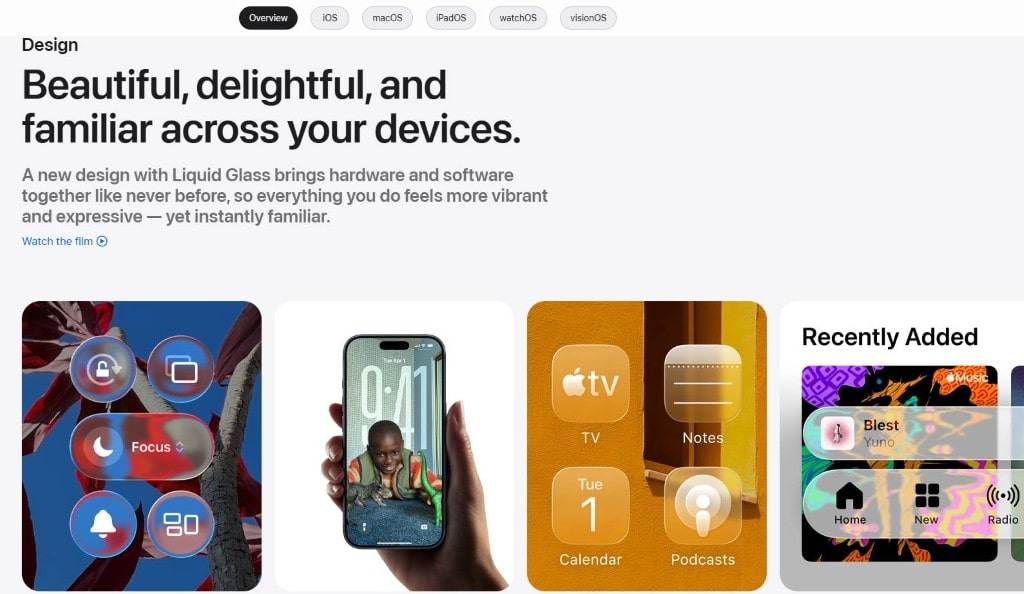 Apple "Design" webpage screenshot showing the "Liquid Glass" UI aesthetic with Focus controls, Calendar, Notes, and music widgets.