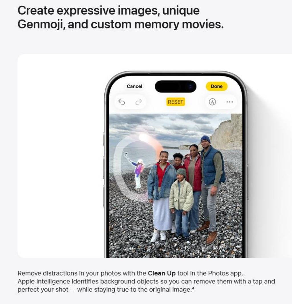 A smartphone screen showing the Apple Photos Clean Up tool removing a distant person from a beach photo of a smiling family.