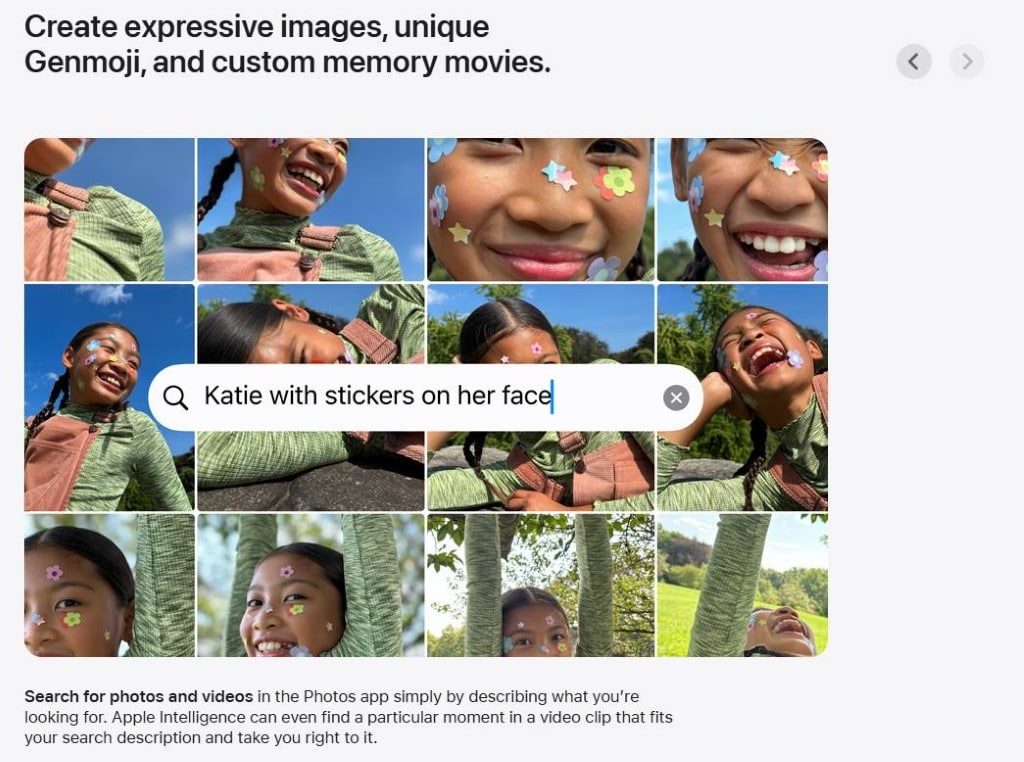A grid of nine joyful photos of a young girl with flower stickers on her face, illustrating a successful natural language search query.