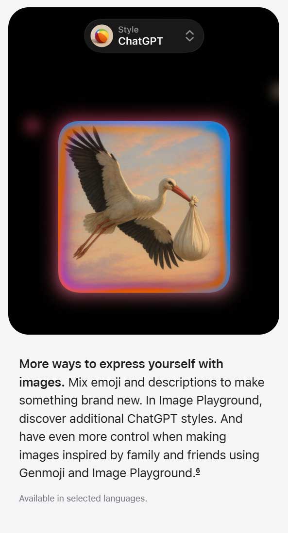 Screenshot showing Apple Intelligence Image Playground; a stylized stork image, "Style" menu, and Genmoji description text.