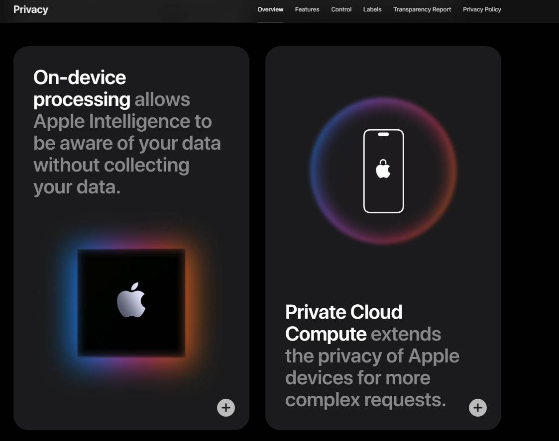 Apple Intelligence website showing iPhone and core privacy features: data is never stored and a verifiable security promise.