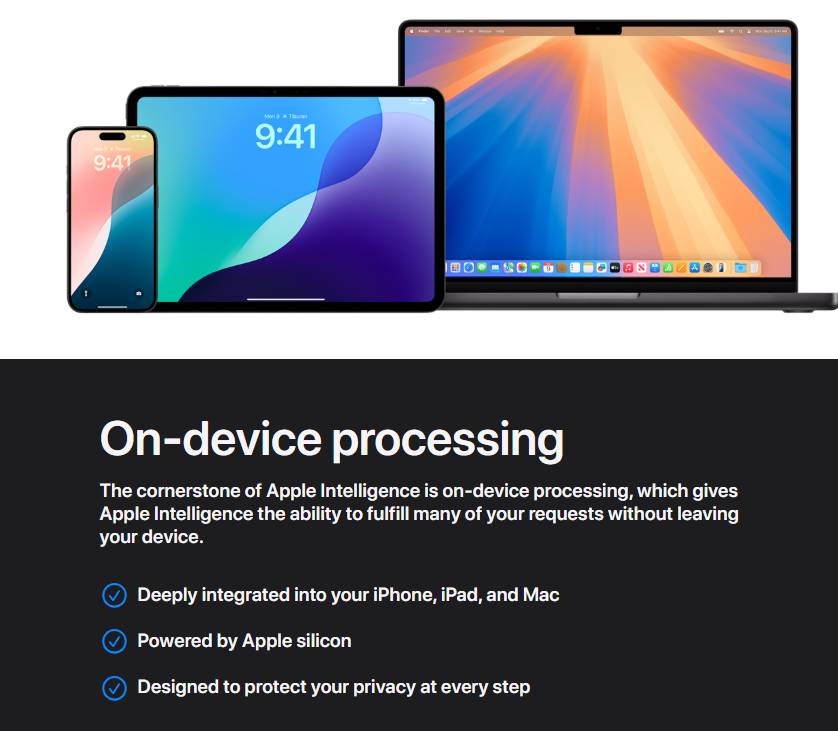 Graphic illustrating Apple's on-device processing privacy using an iPhone, iPad, and MacBook with Apple silicon.