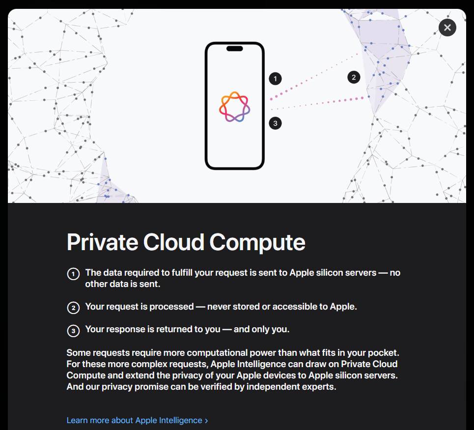 Conceptual diagram illustrating Apple's Private Cloud Compute (PCC) architecture for secure, non-stored AI data processing.