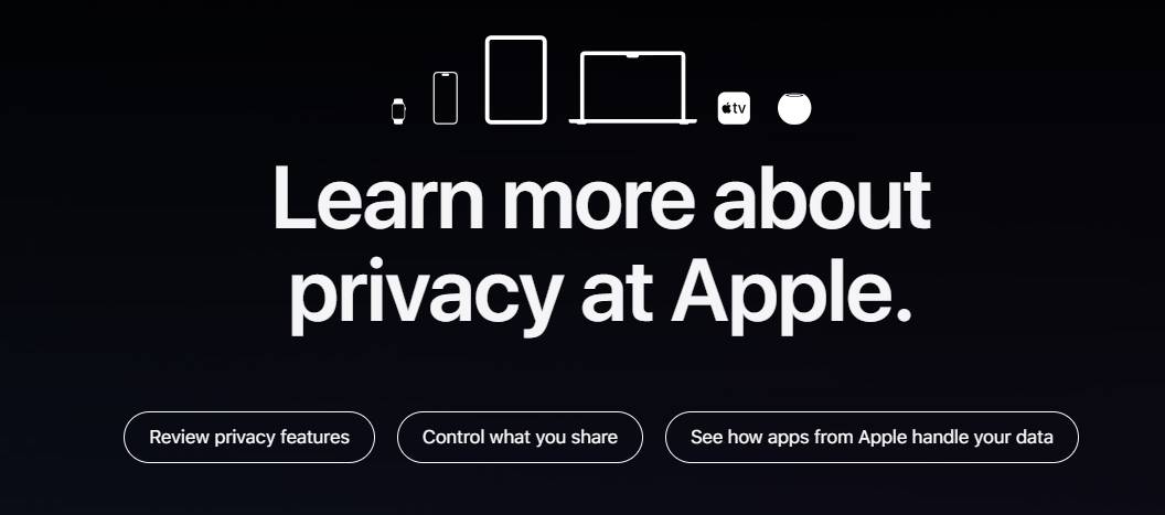 Apple website screenshot reading "Learn more about privacy at Apple," showing device icons and three control buttons.