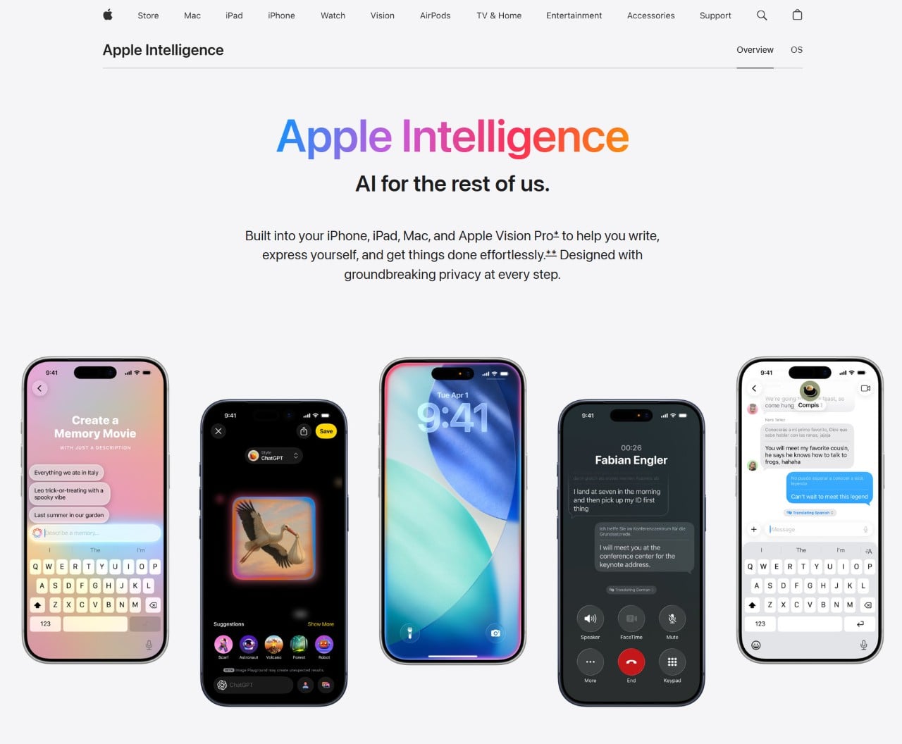 Five iPhones display Apple Intelligence features for enhanced daily productivity.