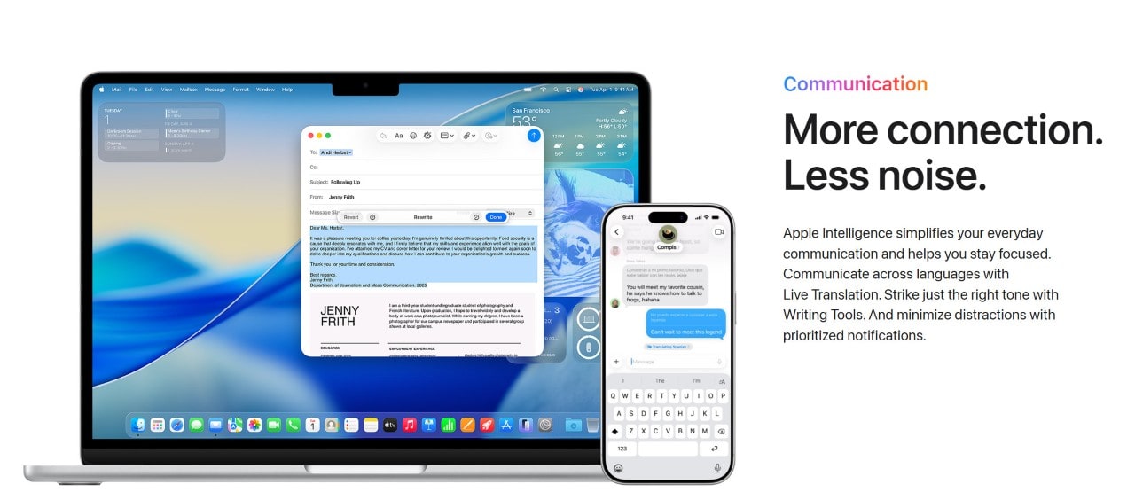 A MacBook and iPhone displaying communication apps and features, illustrating enhanced connectivity.