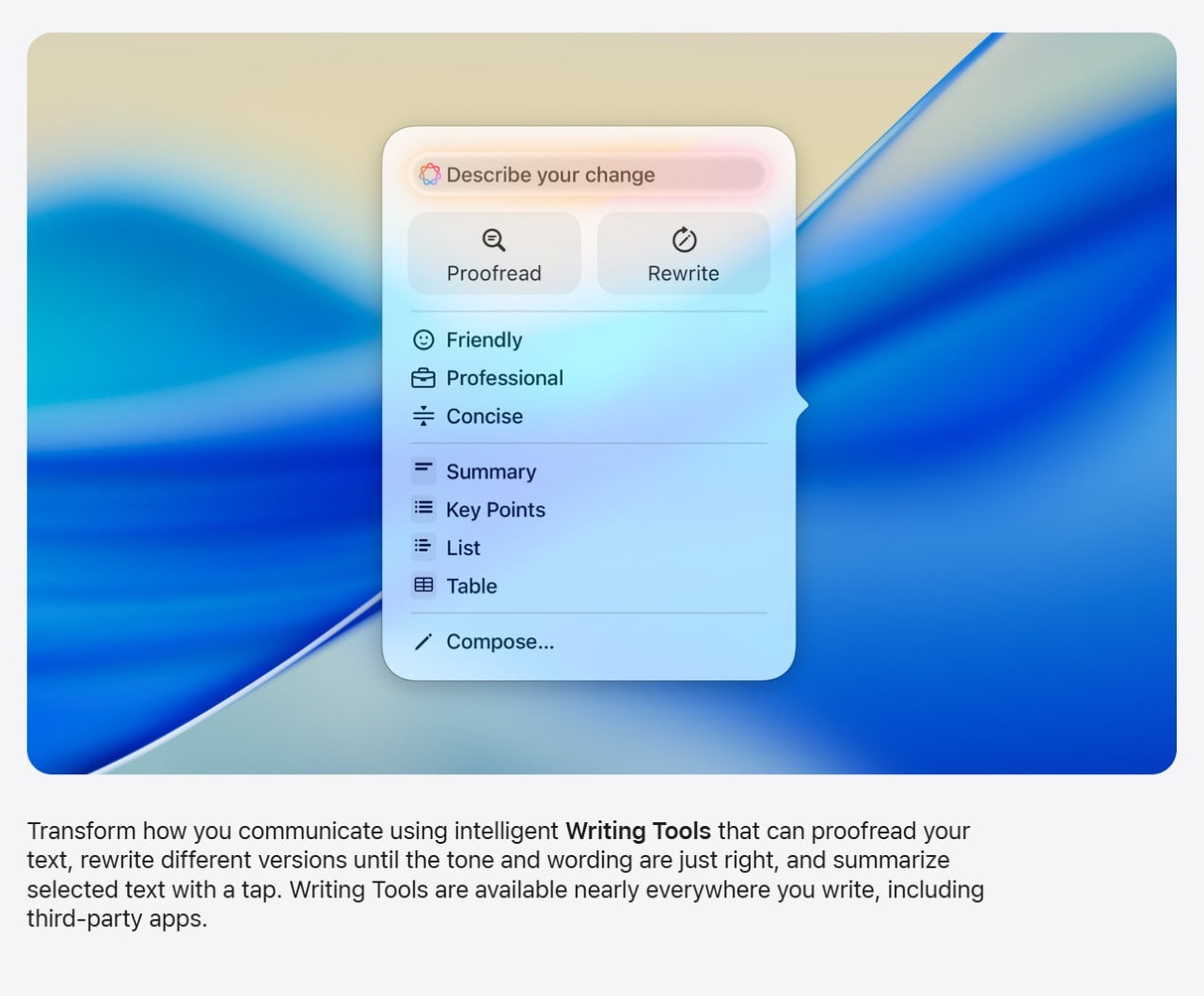 An on-screen menu showing Apple Intelligence Writing Tools options: Proofread, Rewrite, Friendly, Professional, Concise, Summary, Key Points, List, and Table.