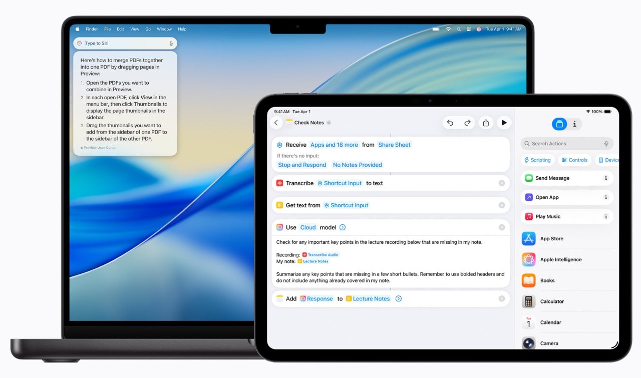 A MacBook displaying a Siri tip for merging PDFs in Preview next to an iPad showing a multi-step Apple Intelligence Shortcut for summarizing lecture notes.