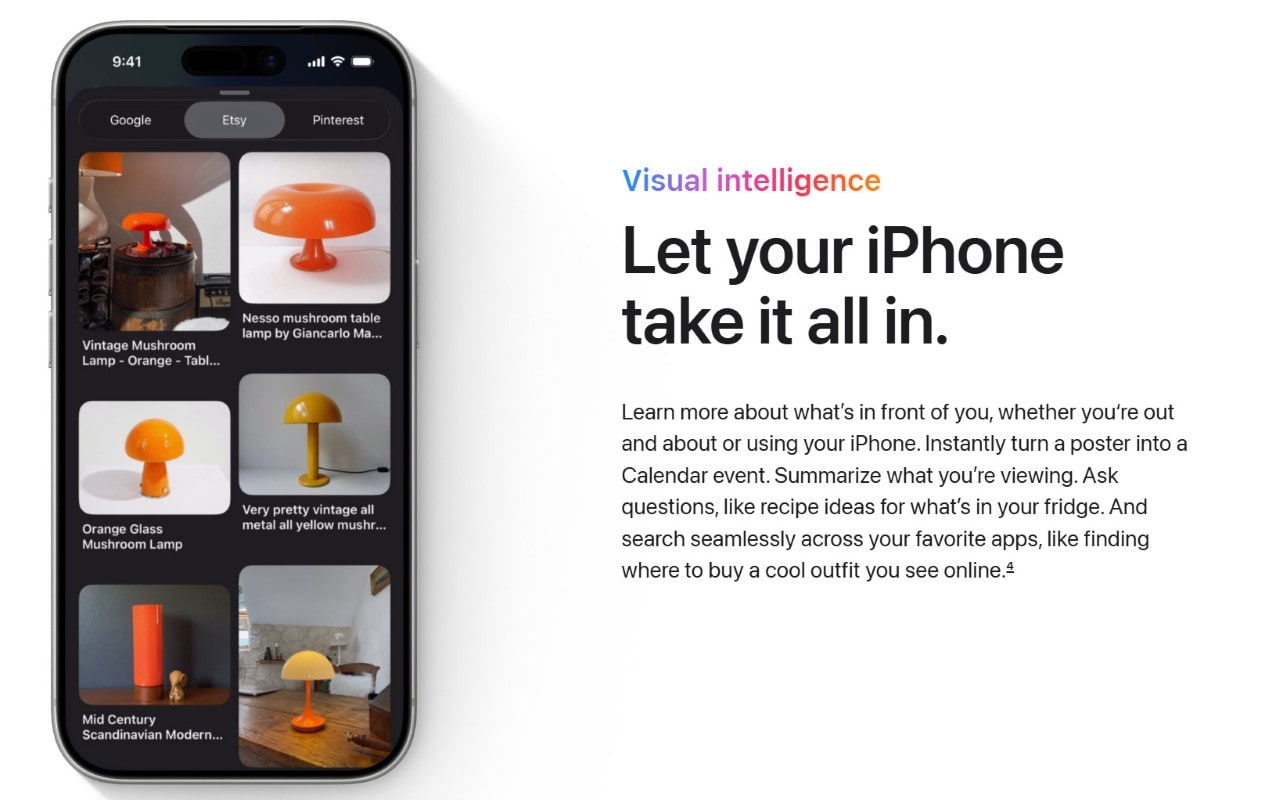 An iPhone displaying search results for "Vintage Mushroom Lamp" aggregated from Google, Etsy, and Pinterest, demonstrating Visual Intelligence.