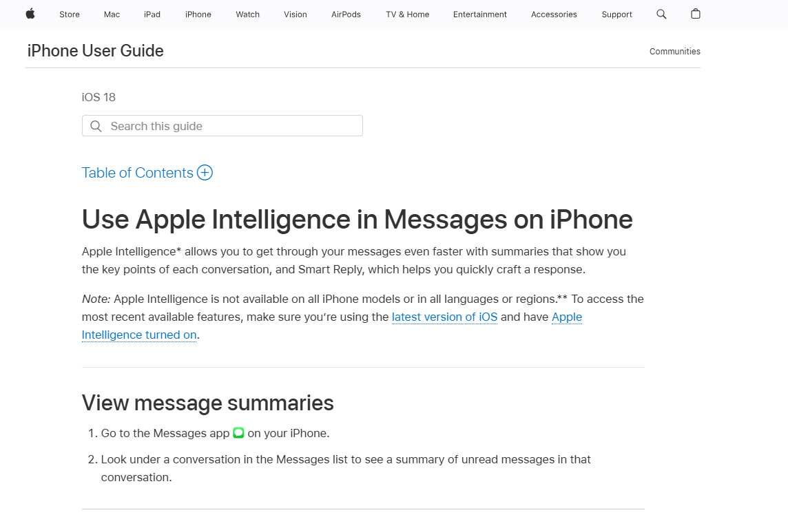Apple Intelligence provides quick, on-screen guidance and is the foundation for new writing enhancement features. Source: iPhone User Guide.