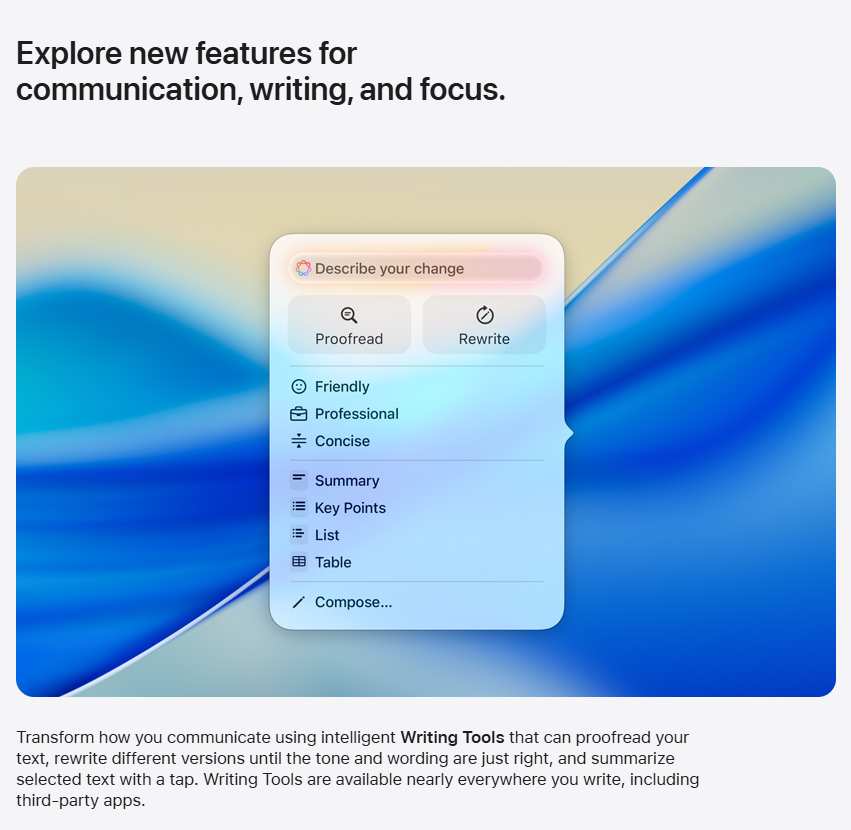 A screenshot of the Apple Intelligence Writing Tools menu showing Proofread, Rewrite, and tone options like Professional and Concise. Source: Apple Inc.