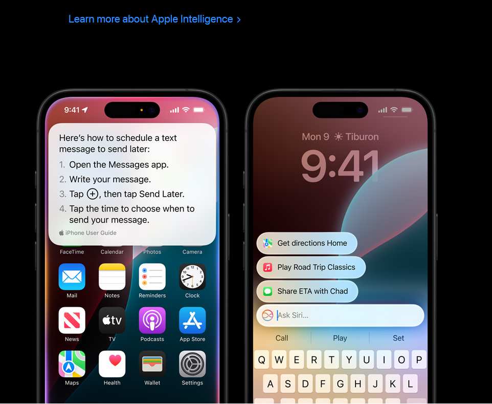 Apple Intelligence features on two iPhones: text scheduling guide (left) and Siri input for commands (right), demonstrating deep iOS integration.
