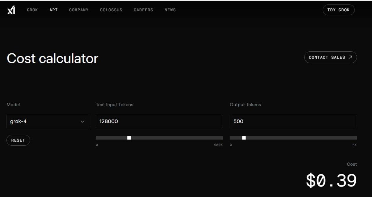 Grok AI cost calculator screenshot showing the low price ($0.39) for processing 128,000 tokens with Grok-4 model.