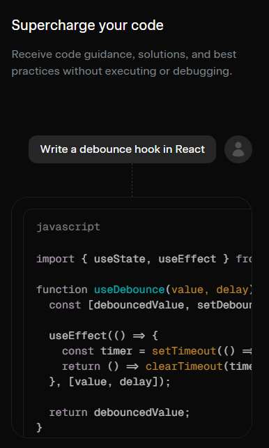 Screenshot showing Grok AI instantly generating JavaScript code for a complex React debounce hook.