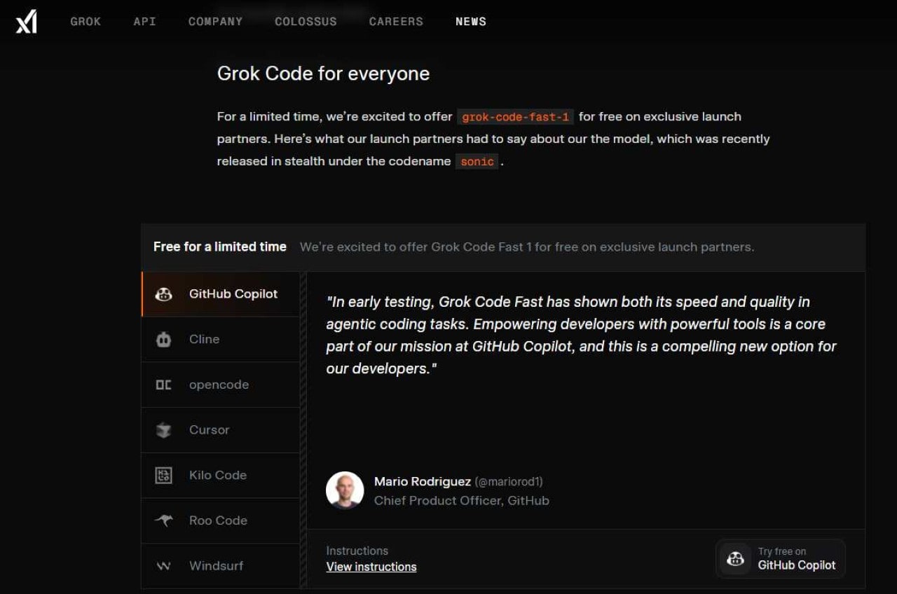 Grok Code Fast launch screenshot featuring GitHub Copilot's CPO quote on Grok's coding speed and quality.