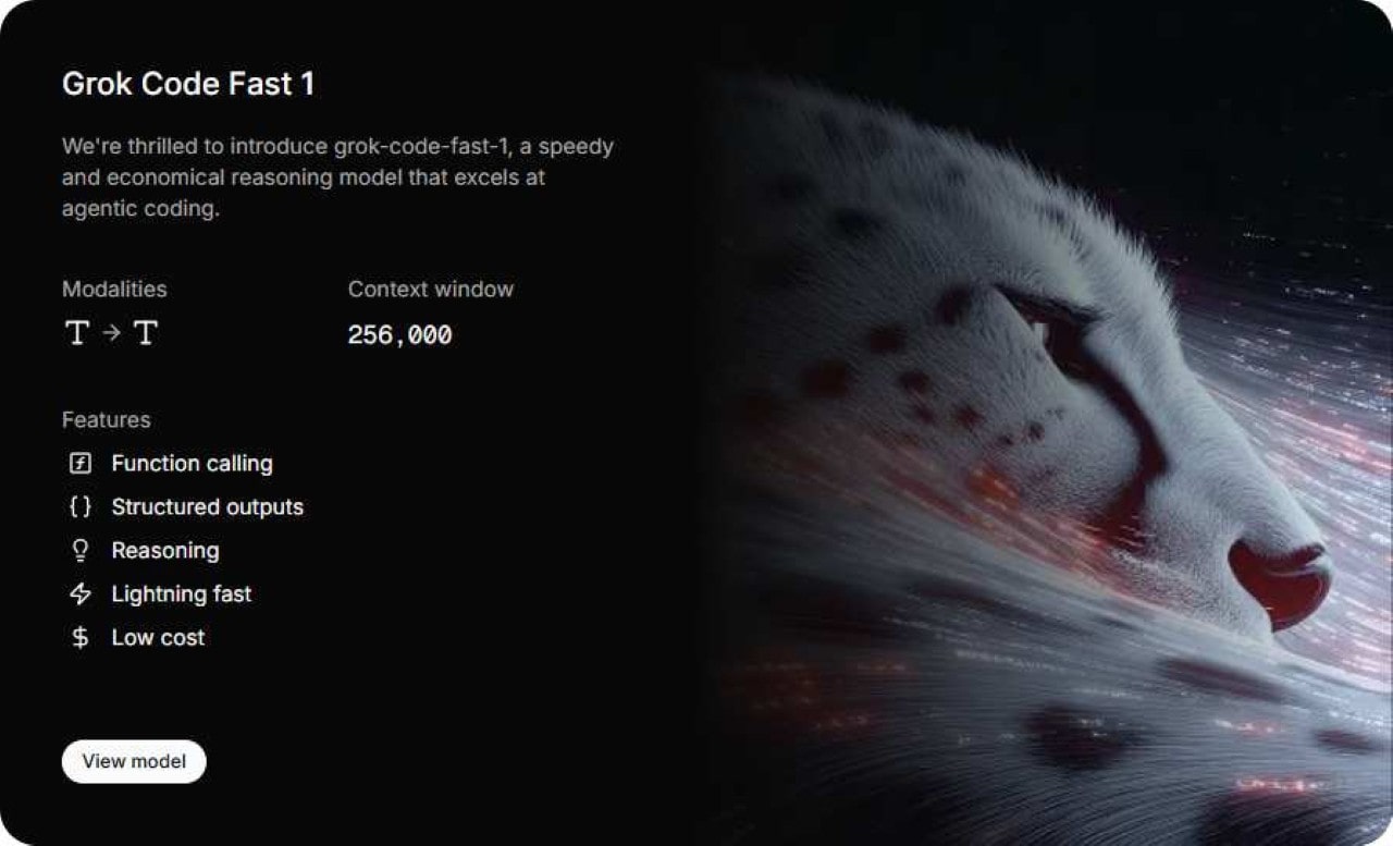 Grok Code Fast 1 model specification details, showing 256,000 context window, reasoning, and low cost.