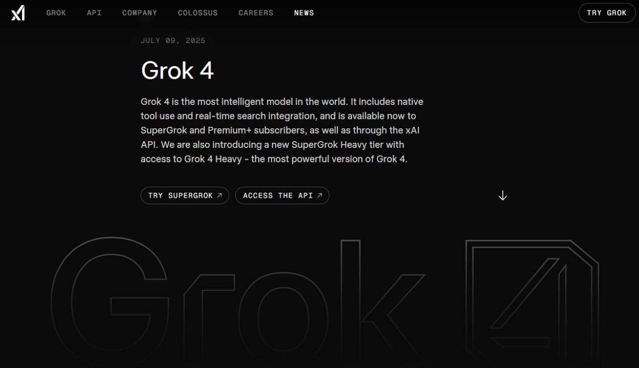 xAI announcement of Grok 4, detailing its tool use, real-time search, and Grok 4 Heavy power.