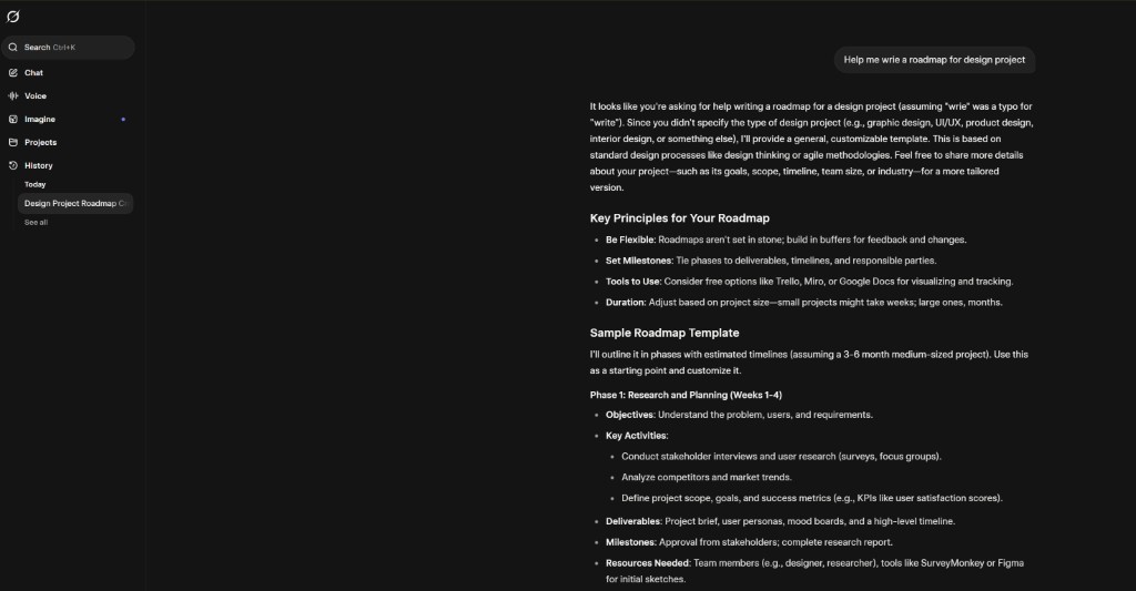 Grok AI chat screen showing a detailed, multi-section roadmap template for a design project.