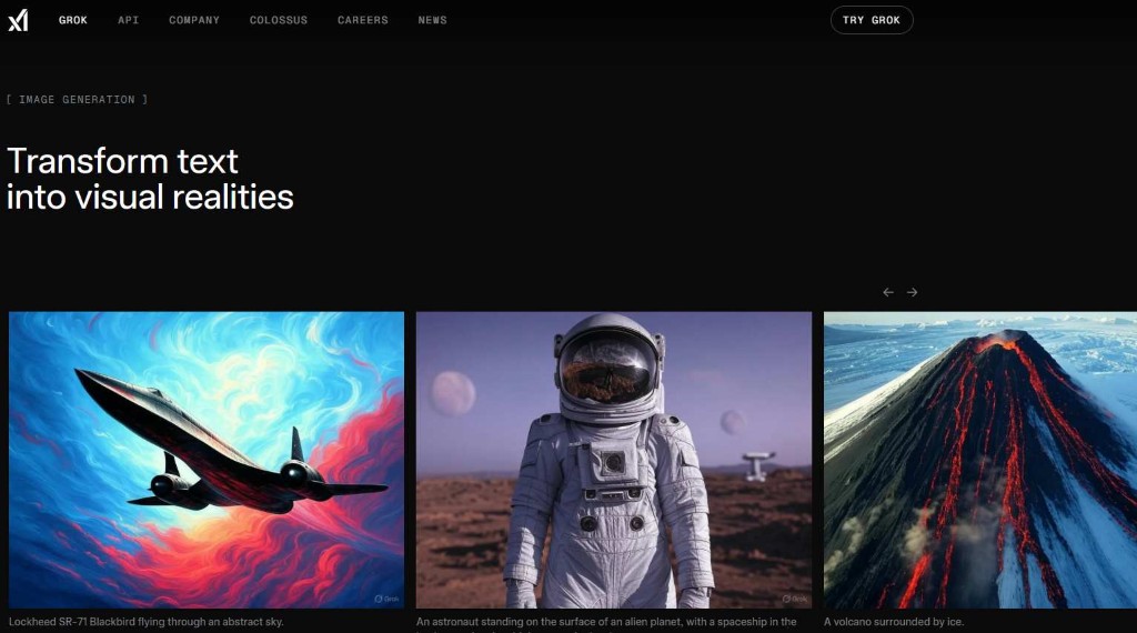 Grok AI image generation feature display, showing three diverse, high-quality generated images.