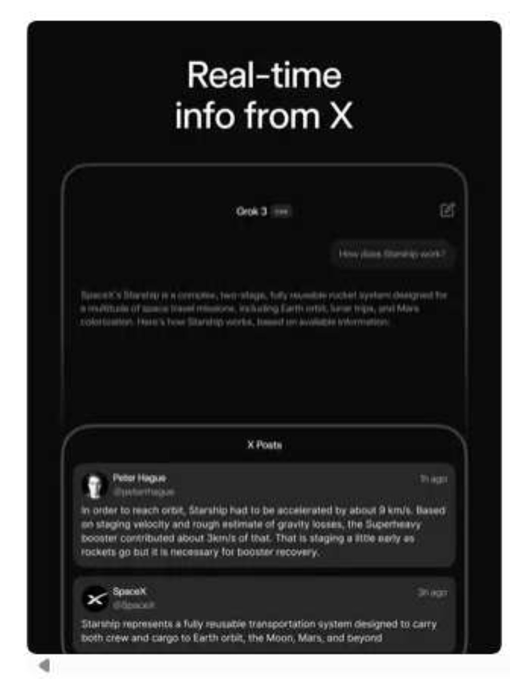 Grok AI screen showing "Real-time info from X" with a Starship query and integrated posts from the social platform.