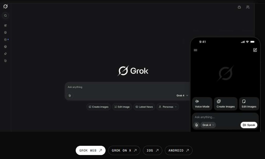 Grok AI user interface showing desktop and mobile views with 'Create images' and 'Edit image' options.