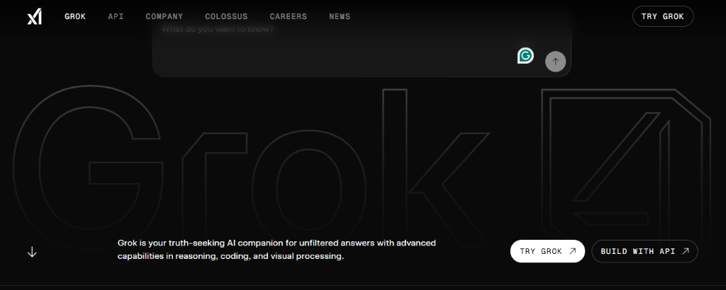 Grok AI landing page screenshot highlighting core capabilities: reasoning, coding, and visual processing.