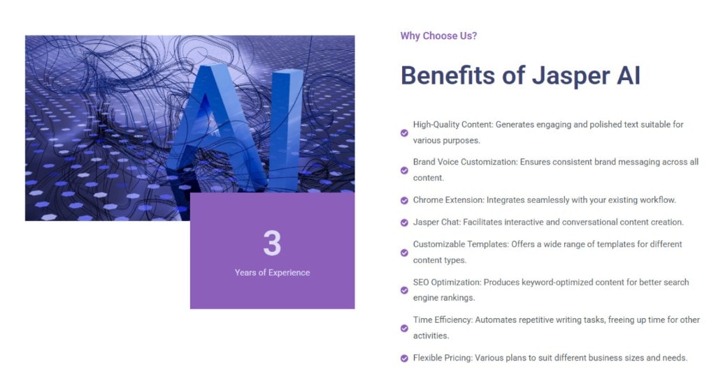 A list of the benefits of Jasper AI, including high-quality content, brand voice customization, and SEO optimization.
