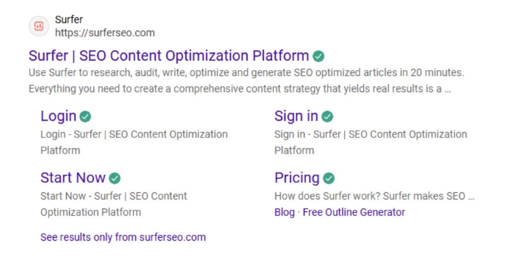 A Google search result for Surfer, showing the main link to the Surfer SEO Content Optimization Platform and various sitelinks.
