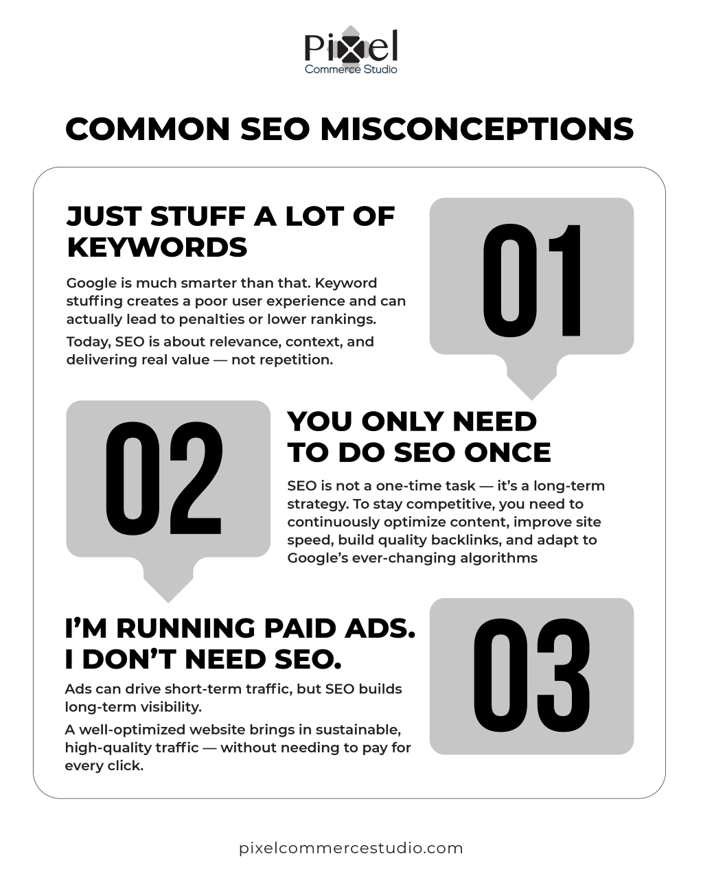 An infographic listing three common SEO misconceptions: keyword stuffing, doing SEO only once, and not needing SEO when running paid ads.