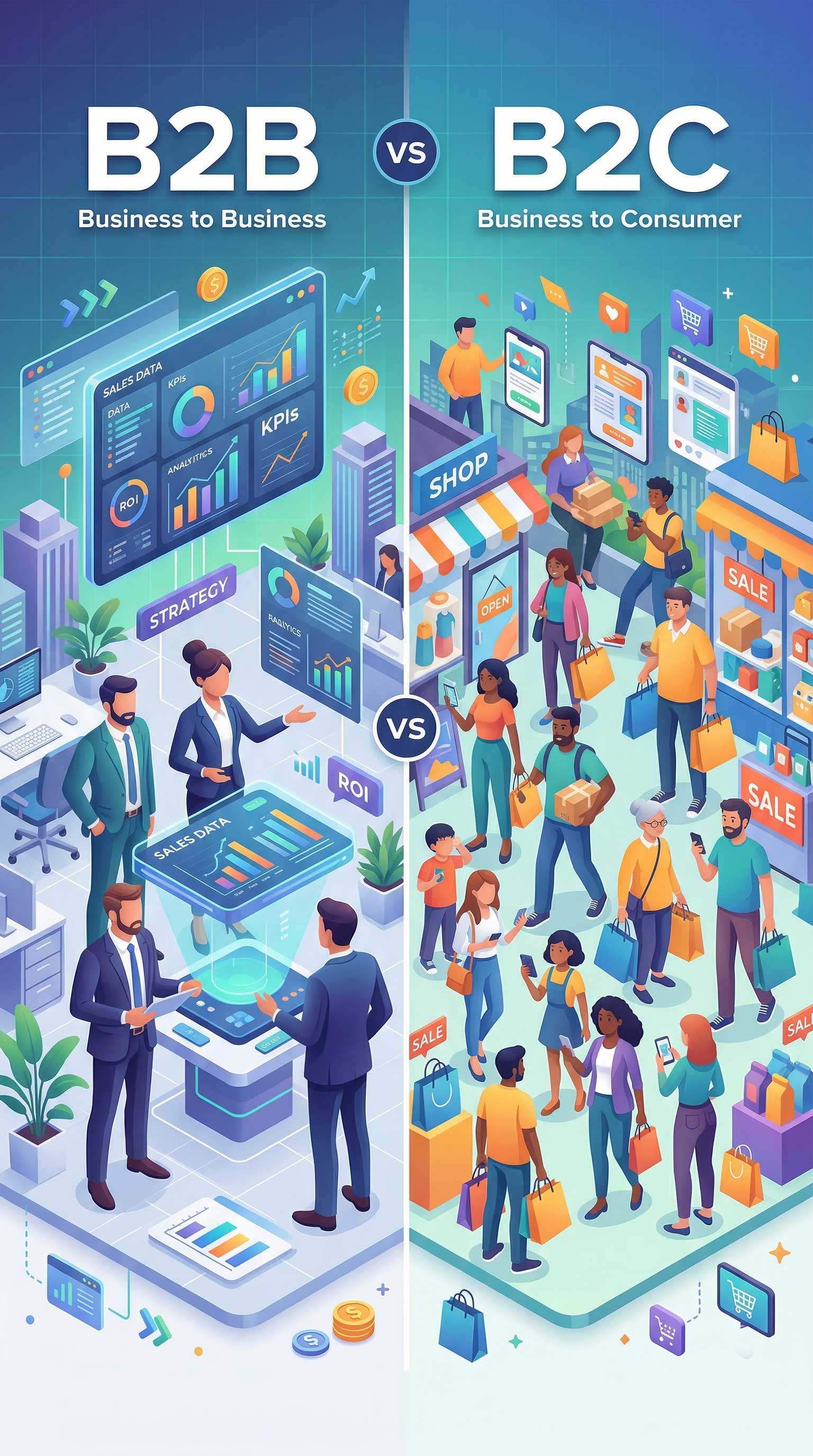 Infographic comparing B2B office data strategy with B2C retail shoppers to illustrate different marketing models.