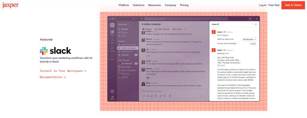 A screenshot showing the Jasper AI assistant working inside a Slack interface, generating content for a marketing campaign.