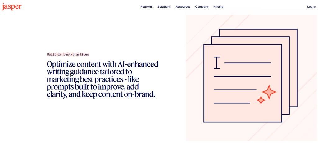A graphic from Jasper.ai illustrating AI-enhanced guidance for optimizing marketing content and ensuring brand clarity.