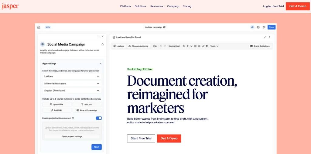 asper.ai's document editor interface, highlighting collaborative settings for brand voice, audience, and knowledge.