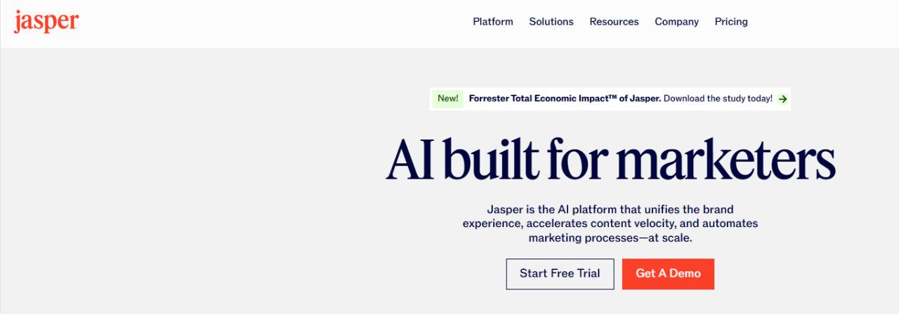 Screenshot of Jasper AI website with the headline 