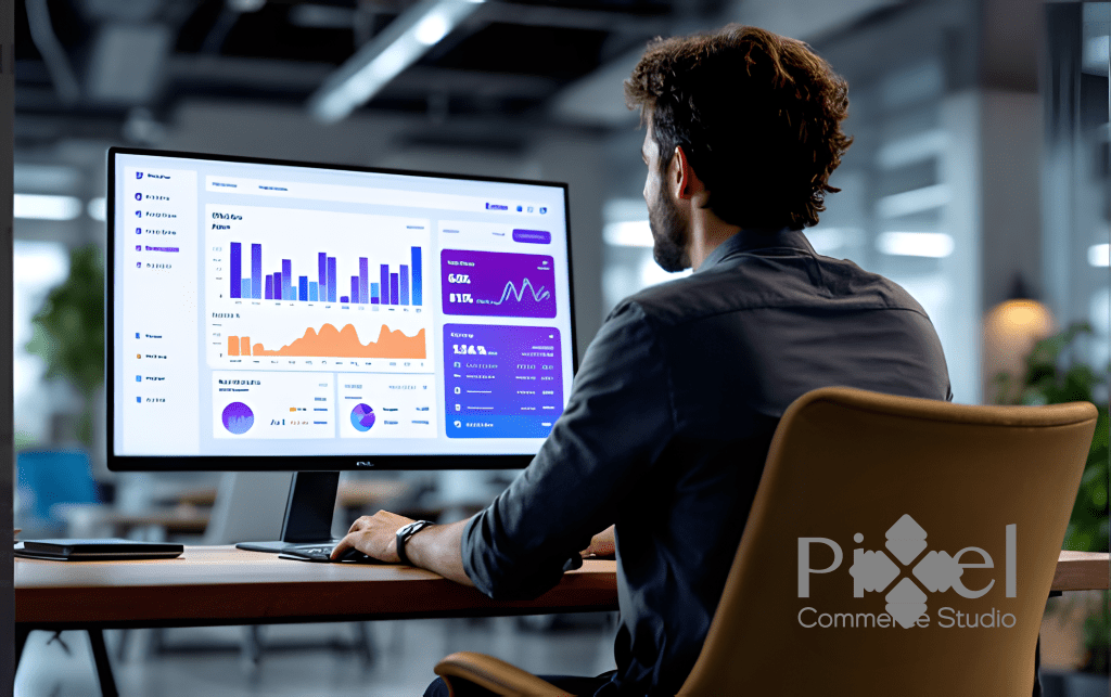 A man in a business setting analyzes data charts and graphs on his computer monitor, with the Pixel Commerce Studio logo visible.