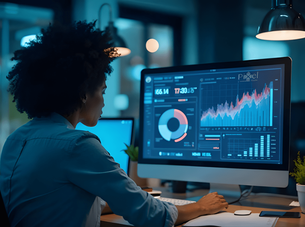 A woman in a modern office intently studies complex data visualizations and financial charts on a large computer screen.